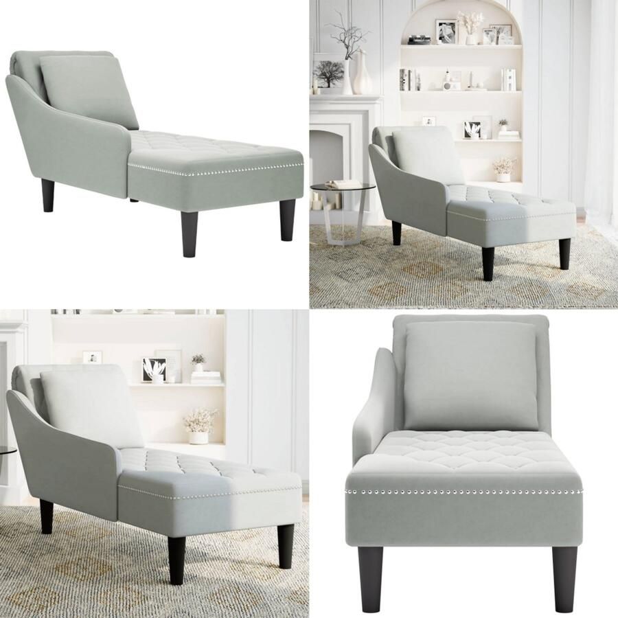 VidaXL Chaise longue met kussen & rechterarmleuning fluweel lichtgrijs Chaise Longue Chaise Longues Chaise Lounge Stoel Chaise Lounge Bank Stoel