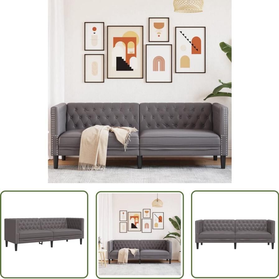 The Living Store Driezitsbank Chesterfield-stijl kunstleer grijs Drie Persoonsbank Chesterfield Bank Grijze Bank Lederlook Bank Salontafel