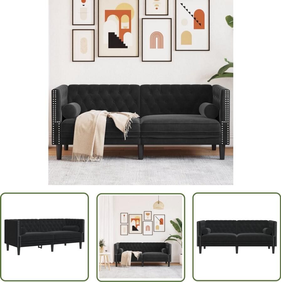 The Living Store Tweezitsbank Chesterfield-stijl en bolsters fluweel zwart Tweezitsbank Chesterfield Bank Velours Bank Zwarte Bank Salontafel