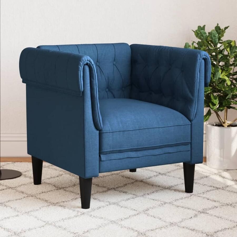 The Living Store Fauteuil Chesterfield-stijl stof blauw Fauteuil Chesterfield Stoffen Fauteuil Blauwe Fauteuil Lounge Stoel Relaxstoel