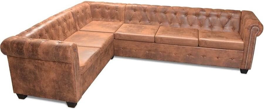 VidaXL Chesterfield hoekbank 6-zits kunstleer bruin Chesterfield Bank Hoekenbank Bruine Bank Lederlook Bank Bankstellen Salon Meubels Lounge Furniture