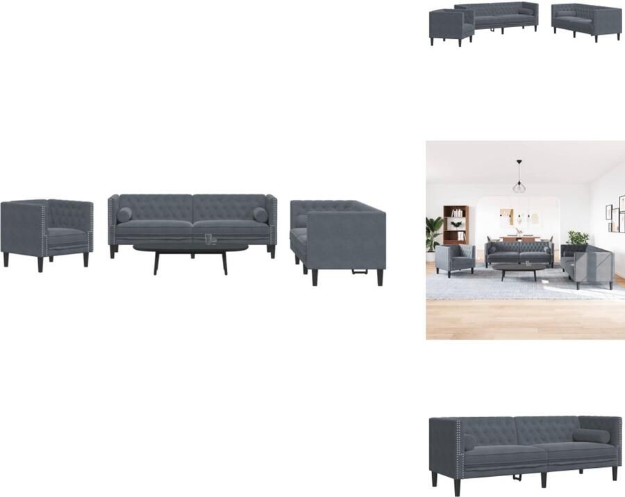 VidaXL Chesterfield Loungeset Chesterfield Loungesets Chesterfield Bank Loungeset 3-delige Loungeset Chesterfield en bolsters fluweel donkergrijs