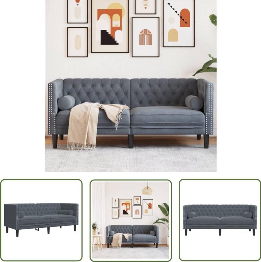 The Living Store Tweezitsbank Chesterfield-stijl en bolsters fluweel donkergrijs Tweezitsbank Chesterfield Velvet Bank Donkere Bank Salontafel