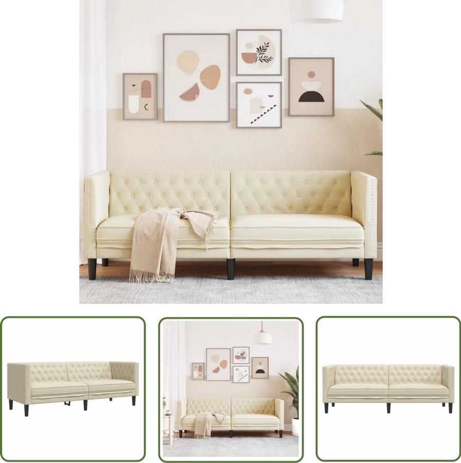 The Living Store Driezitsbank Chesterfield-stijl kunstleer crèmekleurig 3 Zits Bank Chesterfieldstijl Lederlook Creme Kleur Salontafel