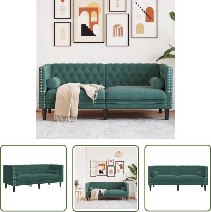 The Living Store Tweezitsbank Chesterfield-stijl en bolsters fluweel donkergroen Tweezitsbank Chesterfieldstijl Velours Bank Donkere Bank Salontafel