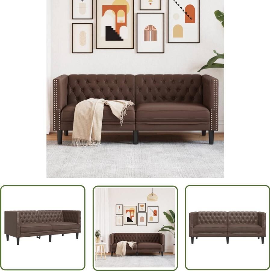 The Living Store Tweezitsbank Chesterfield-stijl kunstleer bruin Tweezitsbank Chesterfieldstijl Lederlook Bruine Bank Salontafel