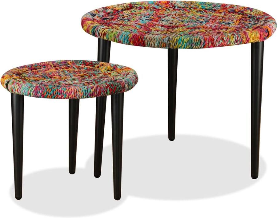VidaXL Chindi Salontafelset 2-delig Meer kleur Salontafel Bijzettafel Coffeetable Chindi Handgemaakt Multicoloured Houten Tafel Metalen Onderstel - Foto 2