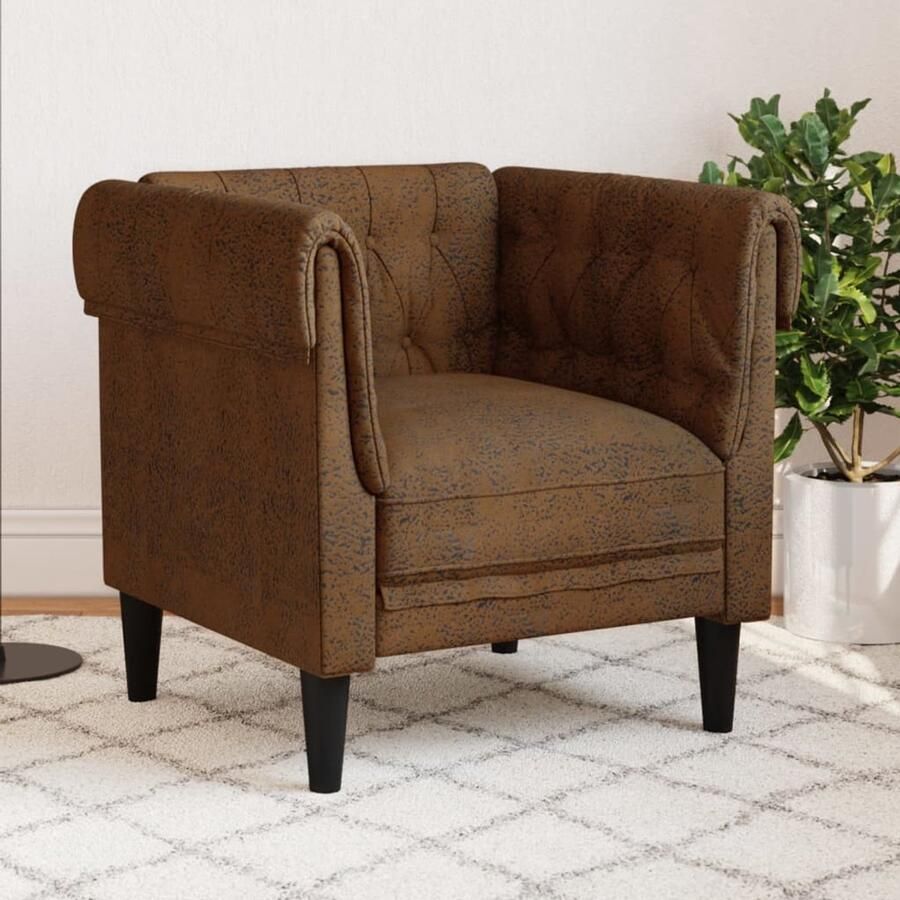 The Living Store Fauteuil Chesterfield-stijl stof bruin Fauteuil Chesterfield Lederlook Fauteuil Bruine Fauteuil Design Fauteuil Lounge Fauteuil