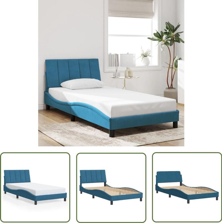 VidaXL Bedframe zonder matras Hanko fluweel blauw 100x200 cm Blauwe Bedden Comfortabel Bed Frame Houten Bed Frame Design Bed Frame Tweepersoons Bed