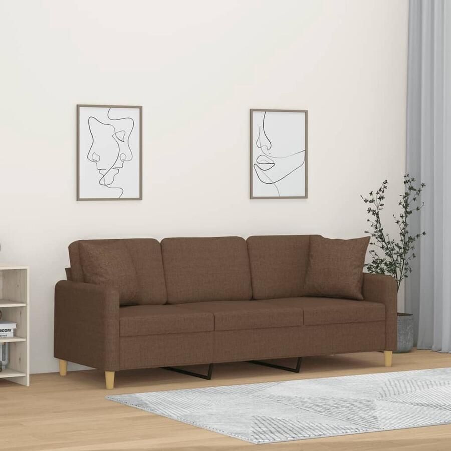 The Living Store Driezitsbank met sierkussens 180 cm stof bruin Bruine Bank Comfortabele Bank 3 Persoons Bank Stoffen Bank Lounge Bank