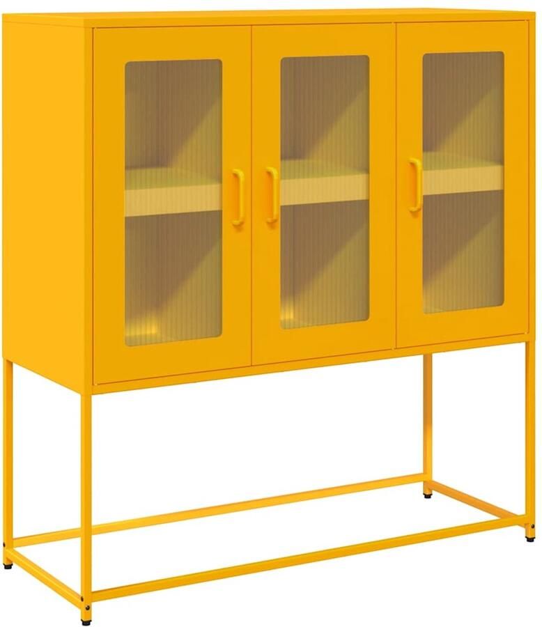 The Living Store Dressoir 100 5x39x107 cm koudgewalst staal mosterdgeel Dressoir Commode Opbergkast Keukenopstelling Salontafel