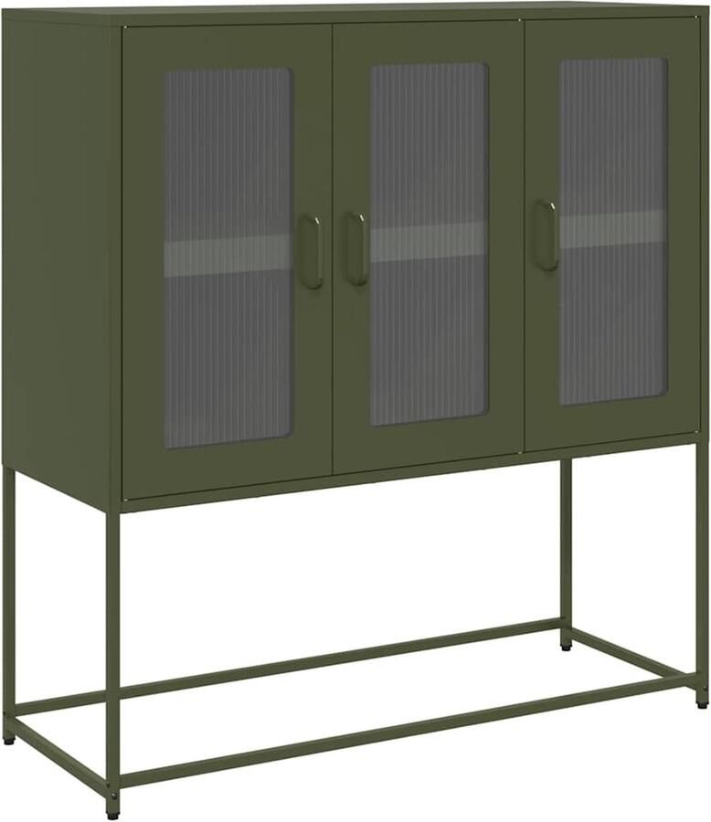 The Living Store Dressoir 100 5x39x107 cm koudgewalst staal olijfgroen Dressoir Opbergkast Keukenmeubilair Salontafel Entreebank - Foto 2