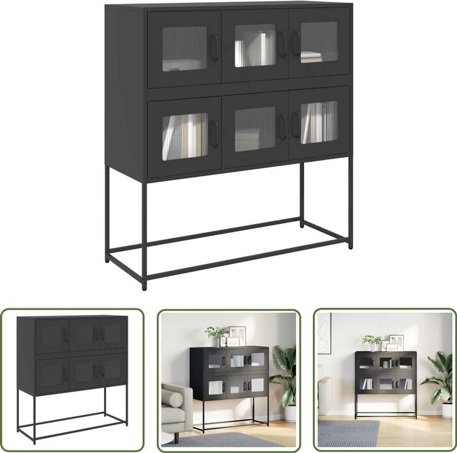 The Living Store Dressoir 100 5x39x107 cm koudgewalst staal zwart Dressoir Commode Opbergkast Keukenmeubilair Salontafel