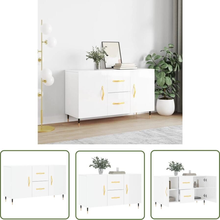 The Living Store Dressoir 100x36x60 cm bewerkt hout hoogglans wit Dressoir Commode Opbergkast Keukenmeubilair Livingroom Furniture