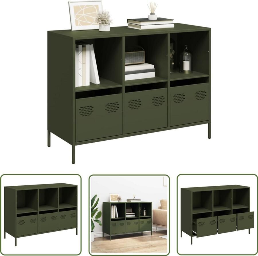 The Living Store Dressoir 101 5x39x73 5 cm koudgewalst staal olijfgroen Dressoir Vintage Dressoir Houten Dressoir Salontafel Tv Tafel