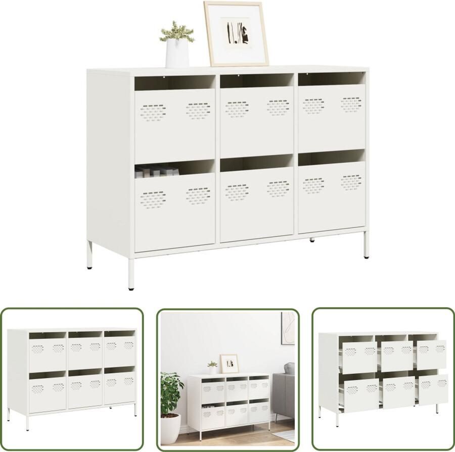 The Living Store Dressoir 101 5x39x73 5 cm koudgewalst staal wit Dressoir Commode Opbergmeubel Slaapkamer Woonkamer