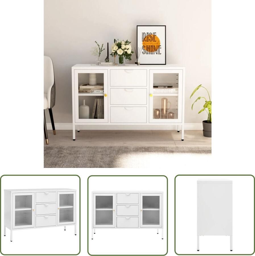 The Living Store Dressoir 105x35x70 cm staal en gehard glas wit Dressoir Meubels Voor Woonkamer Vitrinekast Tv-stand Opbergkasten
