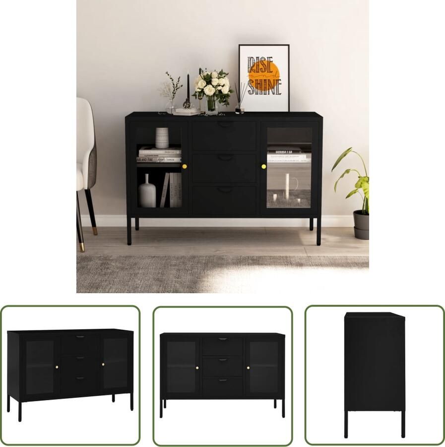 The Living Store Dressoir 105x35x70 cm staal en gehard glas zwart Dressoir Tv-meubel Opbergkast Salontafel Livingroom Furniture
