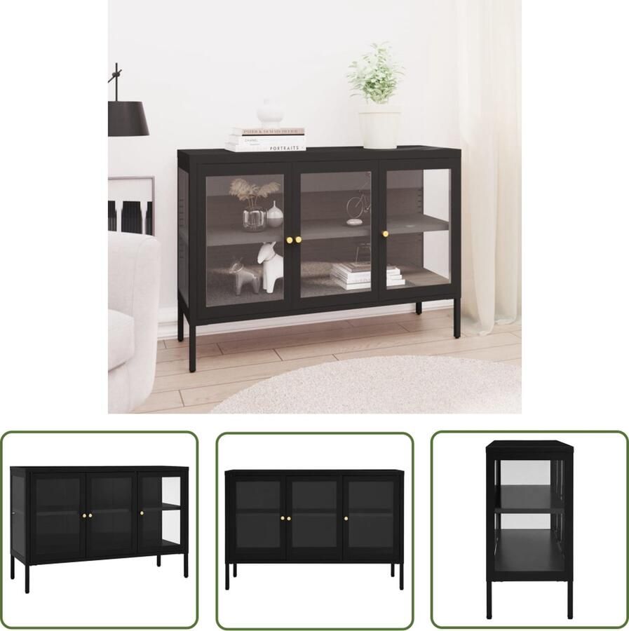The Living Store Dressoir 105x35x70 cm staal en glas zwart Dressoir Opbergkast Tv-meubel Salontafel Modern Dressoir