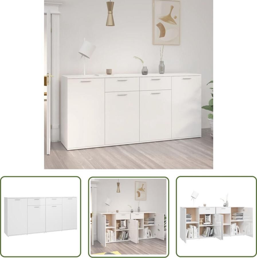 The Living Store Dressoir 160x36x75 cm bewerkt hout hoogglans wit Dressoir Commode Opslagmeubel Livingroom Furniture Slaapkamer Meubels