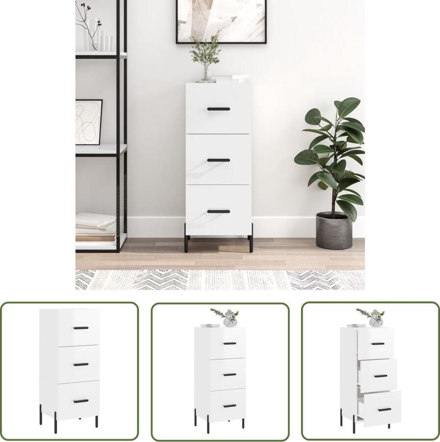 The Living Store Dressoir 34 5x34x90 cm bewerkt hout hoogglans wit Dressoir Commode Opslagoplossing Keukenmeubilair Modern Dressoir - Foto 4