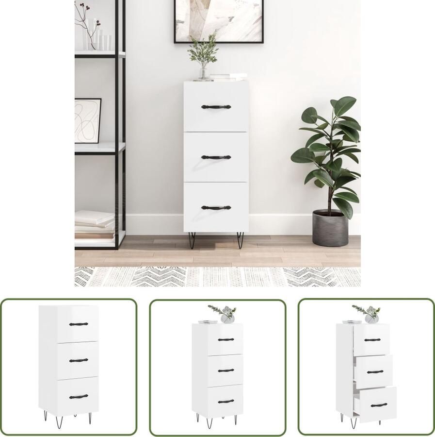 The Living Store Dressoir 34 5x34x90 cm bewerkt hout hoogglans wit Dressoir Commode Opbergmeubilair Woonkamerinrichting Slaapkamerinrichting - Foto 2