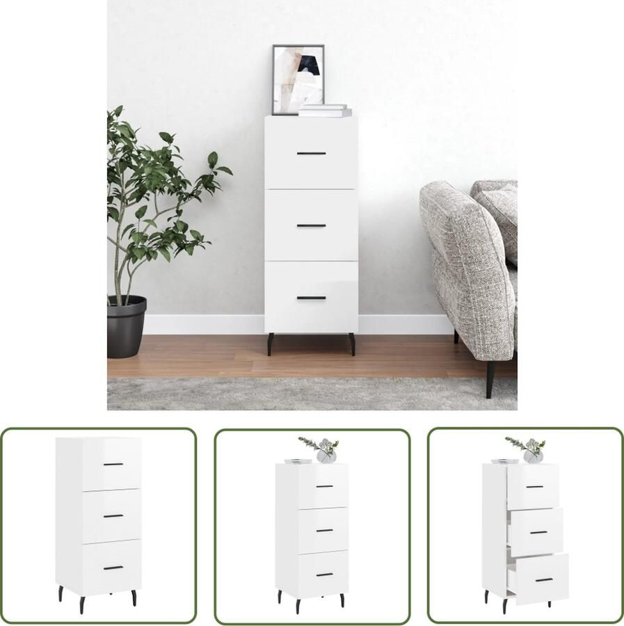 The Living Store Dressoir 34 5x34x90 cm bewerkt hout hoogglans wit Dressoir Bijzettafel Opbergkast Woonkamerinrichting Slaapkamermeubilair - Foto 2