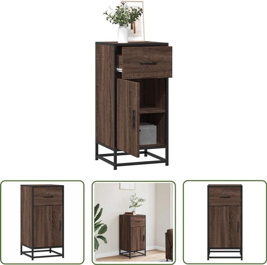 The Living Store Dressoir 35 5x35x76 cm bewerkt hout en metaal bruin eikenkleur Dressoir Meubels Salontafel Tv-meubel Houten Meubelen
