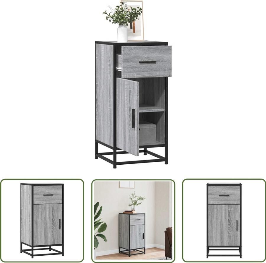 The Living Store Dressoir 35 5x35x76 cm bewerkt hout en metaal grijs sonoma Dressoir Opbergkast Salontafel Industrieel Meubilair Houten Dressoir