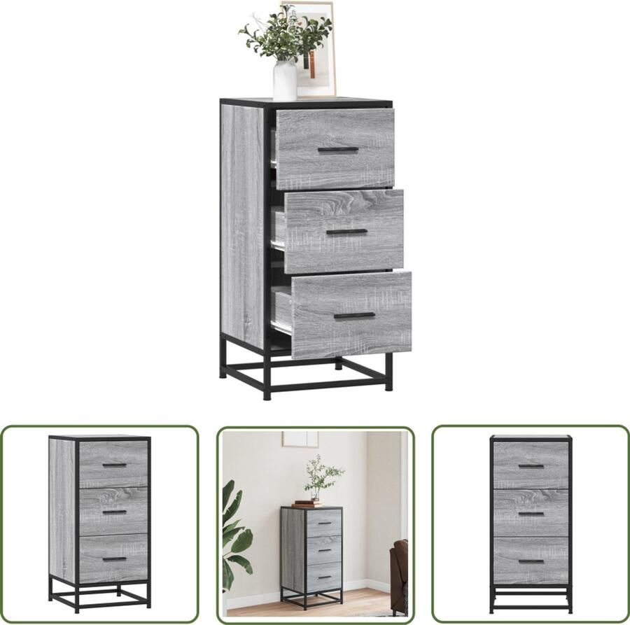 The Living Store Dressoir 35 5x35x76 cm bewerkt hout en metaal grijs sonoma Dressoir Opbergkast Industrieel Design Houten Meubel Grijze Kleur