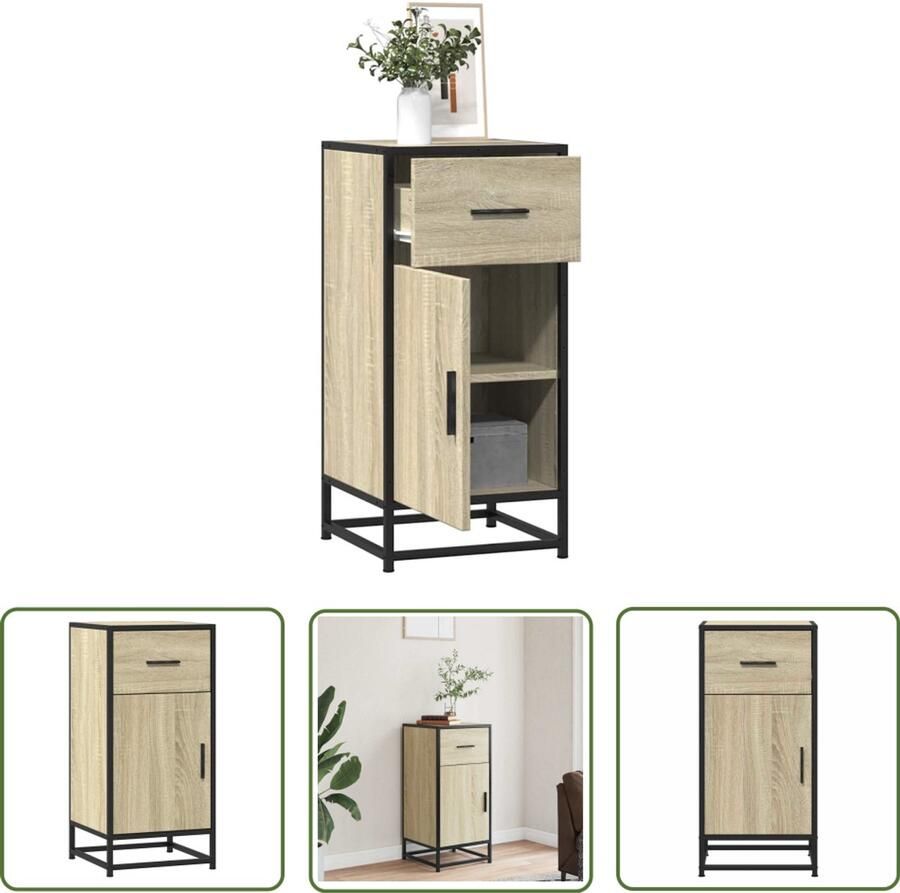 The Living Store Dressoir 35 5x35x76 cm bewerkt hout en metaal sonoma eikenkleur Dressoir Salontafel Opbergkast Industrieel Design Houten Meubels