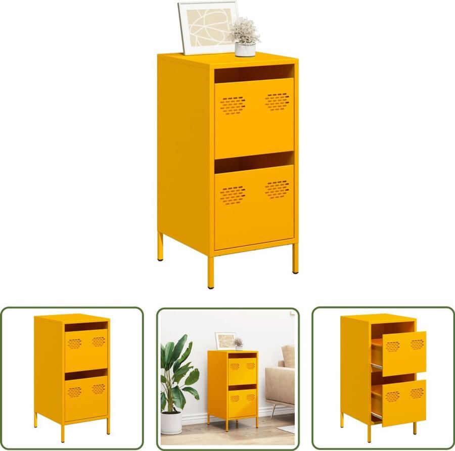 The Living Store Dressoir 35x39x73 5 cm koudgewalst staal mosterdgeel Dressoir Commode Mustard Yellow Industrieel Design Metaaldraad