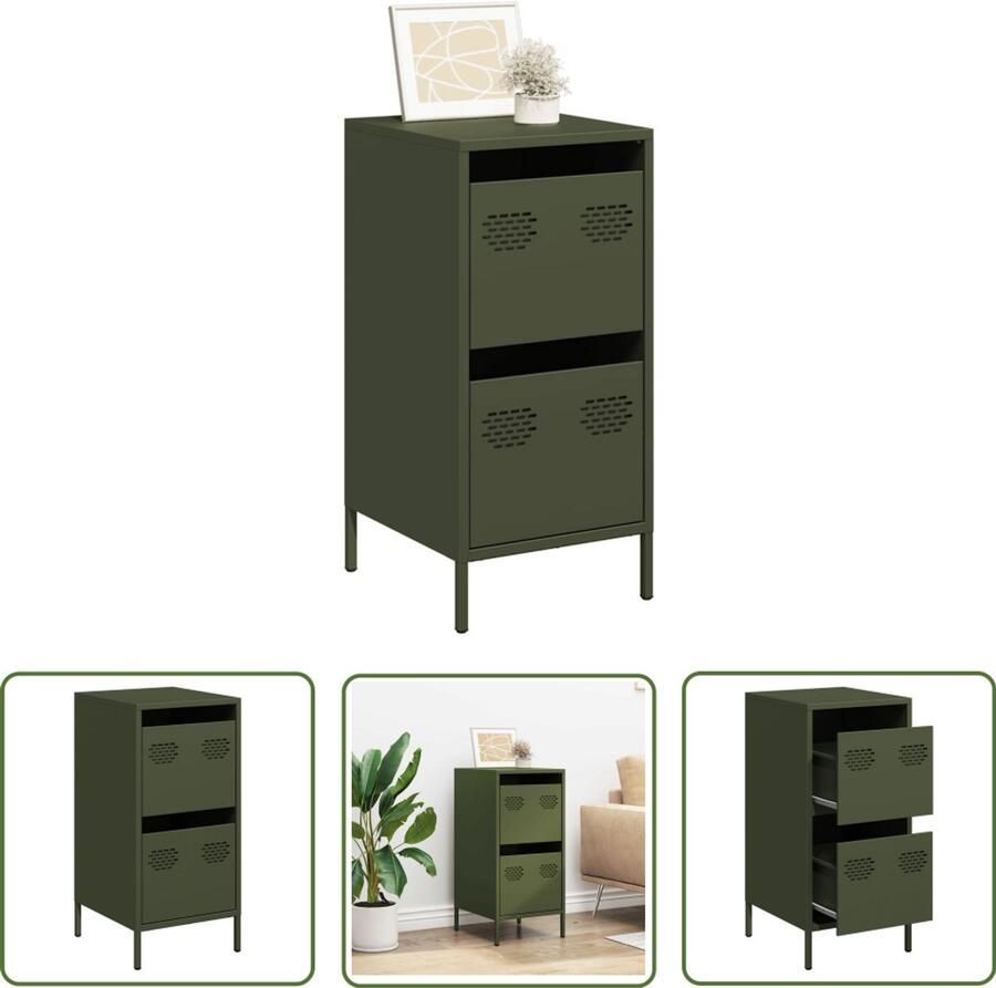 The Living Store Dressoir 35x39x73 5 cm koudgewalst staal olijfgroen Dressoir Metalen Dressoir Vintage Dressoir Industriële Dressoir Opbergmeubel