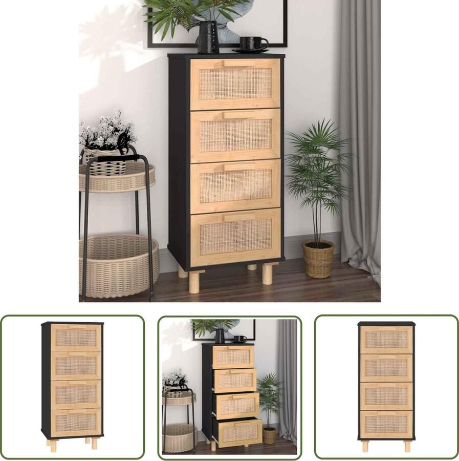 The Living Store Dressoir 40x30x90 cm massief grenen hout en rattan zwart Dressoir Commode Bergruimte Vintage Industrieel