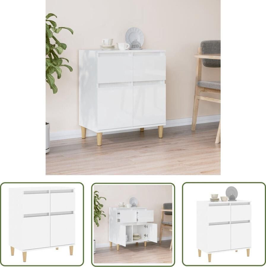 The Living Store Dressoir 60x35x70 cm bewerkt hout hoogglans wit Dressoir Bijzettafel Kast Opslagoplossing Keukenmeubilair