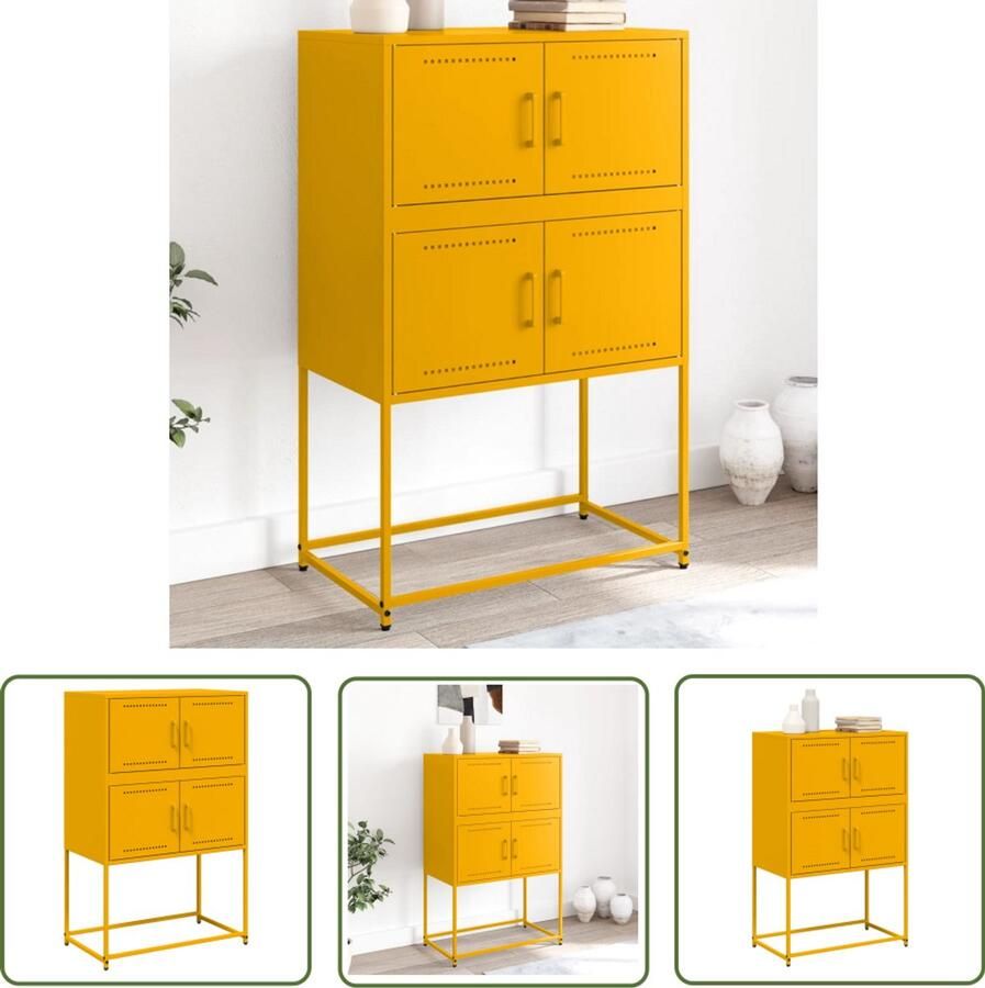 The Living Store Dressoir 68 5x38 5x107 cm staal mosterdgeel Industrieel Dressoir Robuust Metalen Dressoir Vintage Dressoir Mustard Yellow Furniture Opbergdressoir