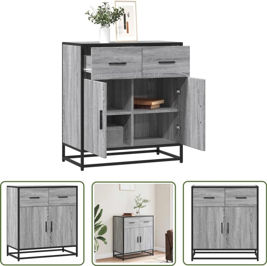 The Living Store Dressoir 68x35x76 cm bewerkt hout grijs sonoma eikenkleurig Dressoir Grijze Commode Houten Dressoir Salontafel Opslagmeubels