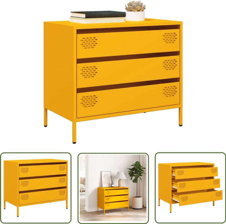 The Living Store Dressoir 68x39x58 5 cm koudgewalst staal mosterdgeel Dressoir Commode Meubels Vintage Industrieel