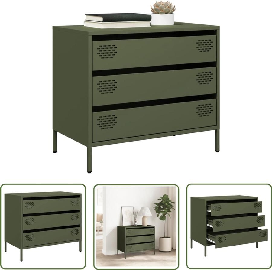 The Living Store Dressoir 68x39x58 5 cm koudgewalst staal olijfgroen Dressoir Bijzettafel Opbergkast Salontafel Metaaldressing