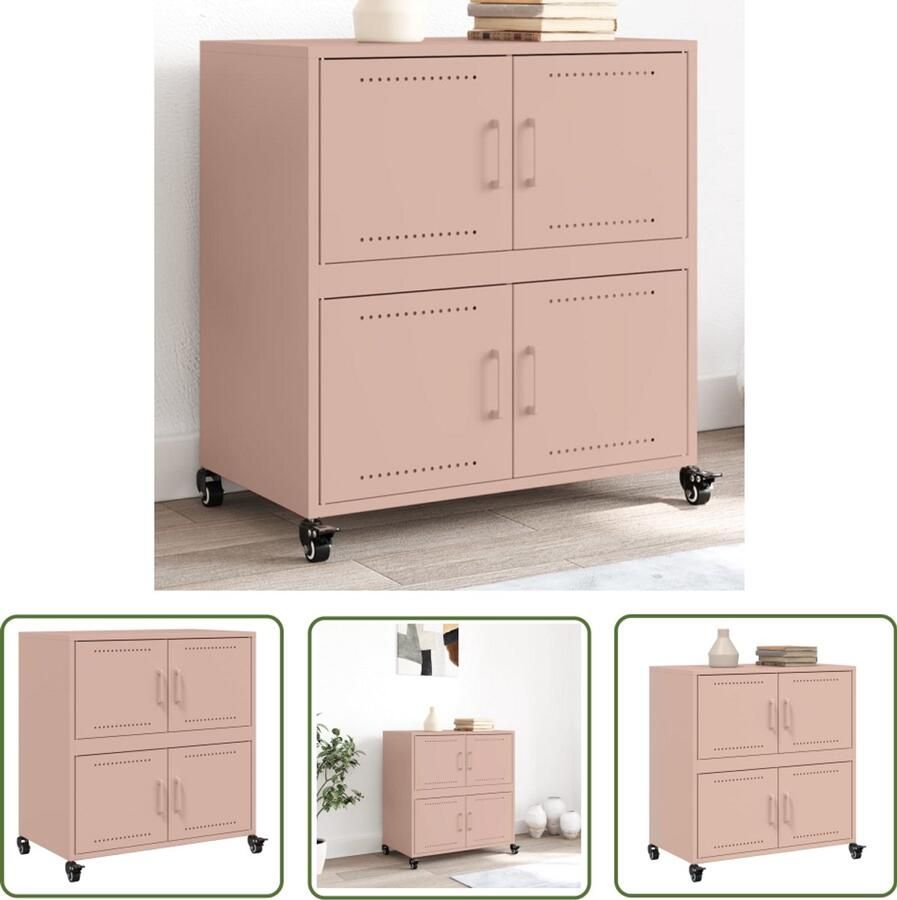 The Living Store Dressoir 68x39x72 cm staal roze Dressoir Rozenkleurig Dressoir Metalen Dressoir Vintage Dressoir Salontafel