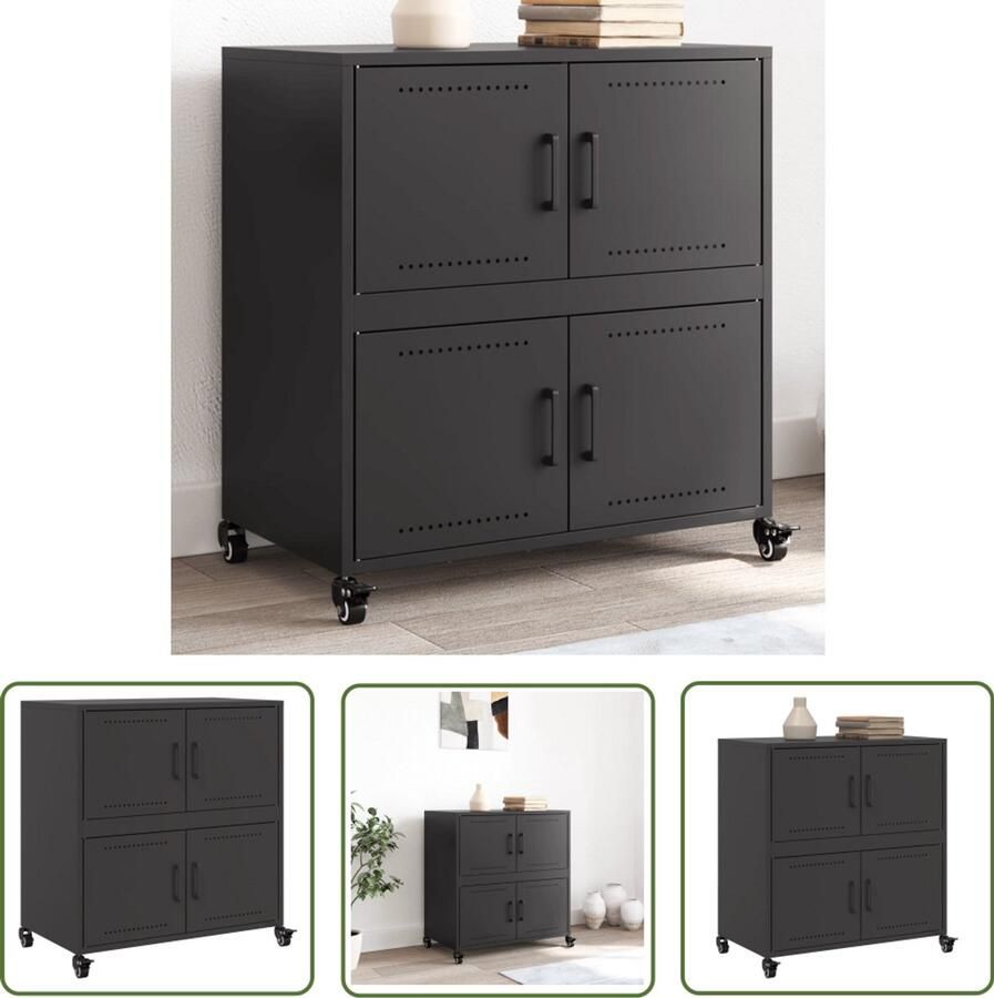 The Living Store Dressoir 68x39x72 cm staal zwart Dressoir Zwarte Dressoir Metalen Dressoir Staaldressoir Opberg Dresser