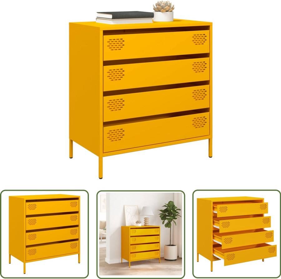 The Living Store Dressoir 68x39x73 5 cm koudgewalst staal mosterdgeel Dressoir Bijzettafel Metaaldressing Mustard Yellow Vintage Style