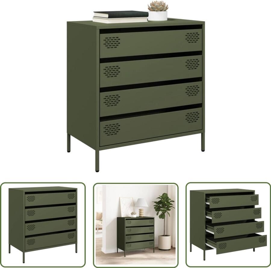 The Living Store Dressoir 68x39x73 5 cm koudgewalst staal olijfgroen Dressoir Commode Opbergkast Salontafel Metaalkast