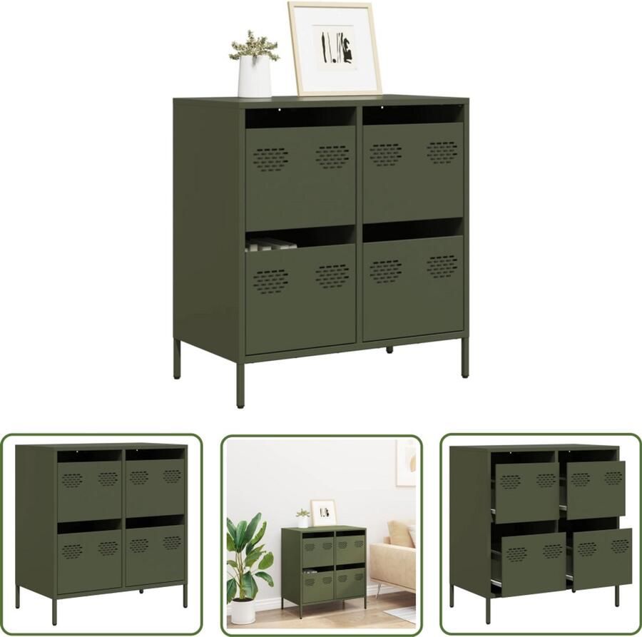 The Living Store Dressoir 68x39x73 5 cm koudgewalst staal olijfgroen Dressoir Commode Opbergmeubel Metaaldressing Industrieel Design
