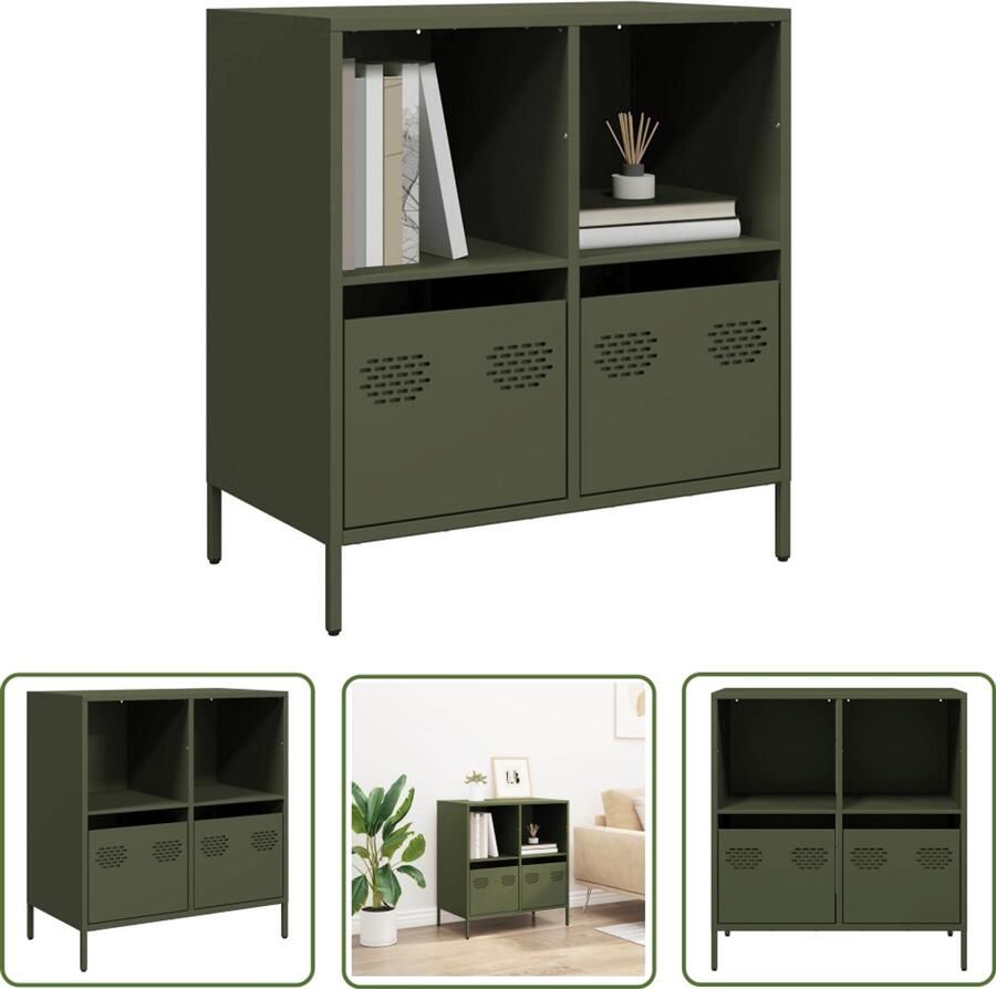 The Living Store Dressoir 68x39x73 5 cm koudgewalst staal olijfgroen Dressoir Opbergmeubel Salontafel Entreetafel Vintage Dressoir
