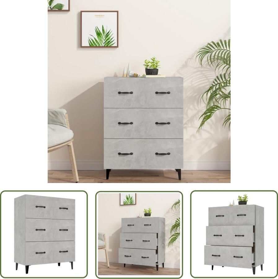 The Living Store Dressoir Betongrijs Bewerkte Houten Meubelen Bijzetkast 3 Lades 69.5 x 34 x 90 cm (B x D x H) Wandmontage Vereist