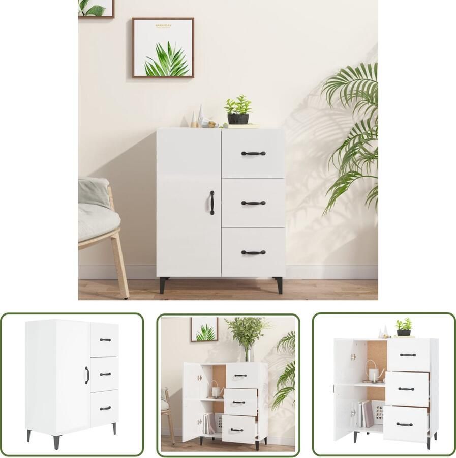 The Living Store Dressoir 69 5x34x90 cm bewerkt hout hoogglans wit Dressoir Buffetkast Houten Kast Hoogglans Wit Vintage Design