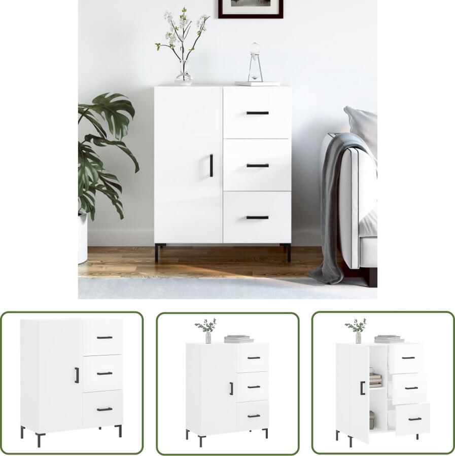 The Living Store Dressoir 69 5x34x90 cm bewerkt hout hoogglans wit Dressoir Commode Opbergmeubilair Houten Dressoir Wit Dressoir