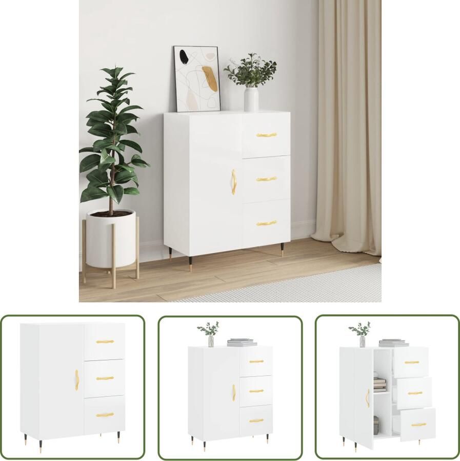The Living Store Dressoir 69 5x34x90 cm bewerkt hout hoogglans wit Dressoir Klassiek Dressoir Houten Dressoir Witte Dressoir Opbergmeubels - Foto 4