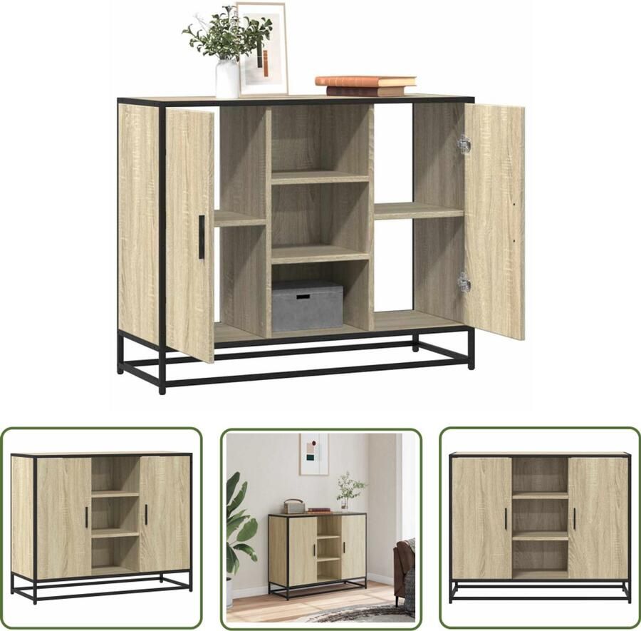 The Living Store Dressoir 92x35x76 cm bewerkt hout sonoma eikenkleurig Dressoir Salontafel Opslagmeubilair Houten Meubels Industrieel Design